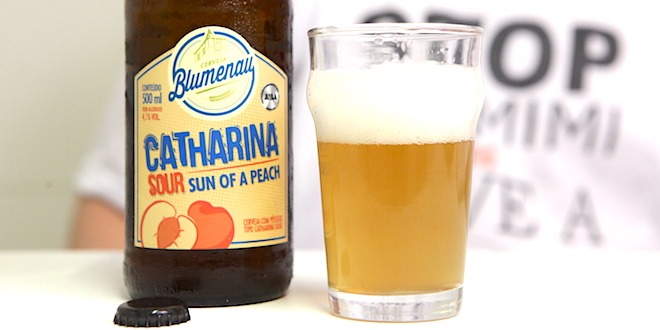 Copo de cerveja com garrafa de catharina sour da cervejaria Blumenau.